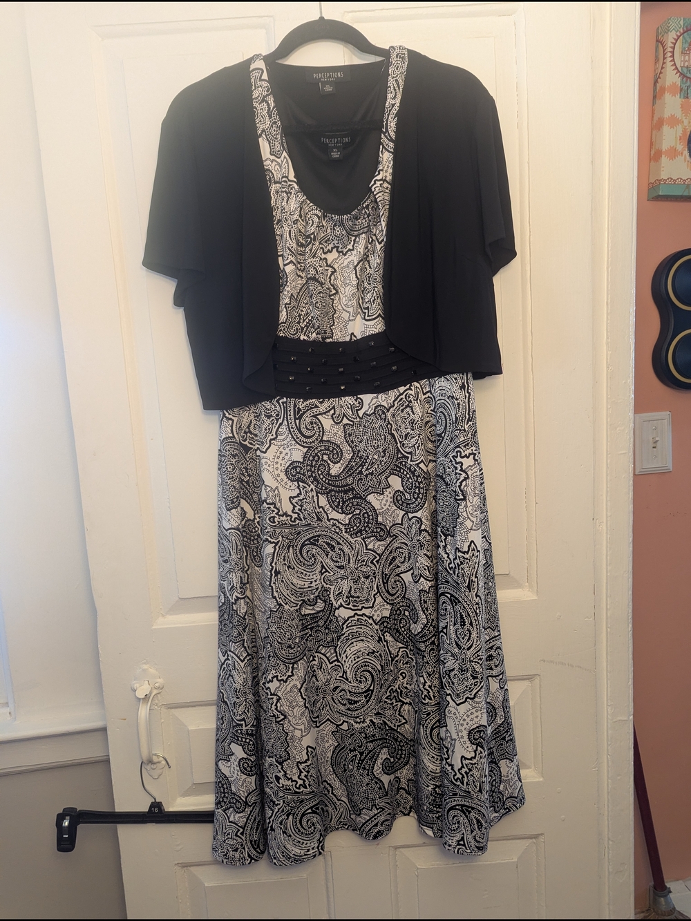 Perceptions Black and White Paisley Midi Dress with Bolero
